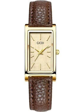 Women's Brown Gold Rectangle Leather Strap Quartz Bangle Vintage Watch